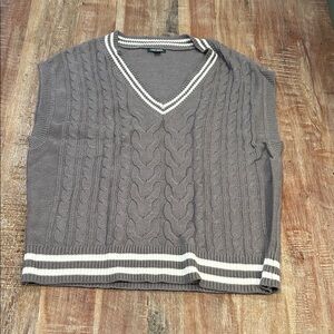 Wild Fable Gray V-Neck Cable Knit Sweater Vest with White Stripe Trim